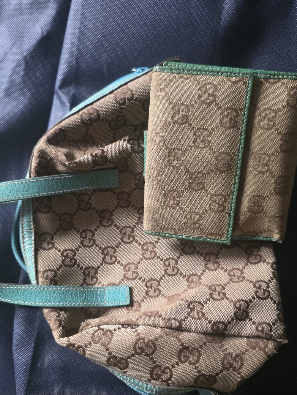 Gucci Brown GG Canvas Tote with Teal Trim and Matching Wallet
